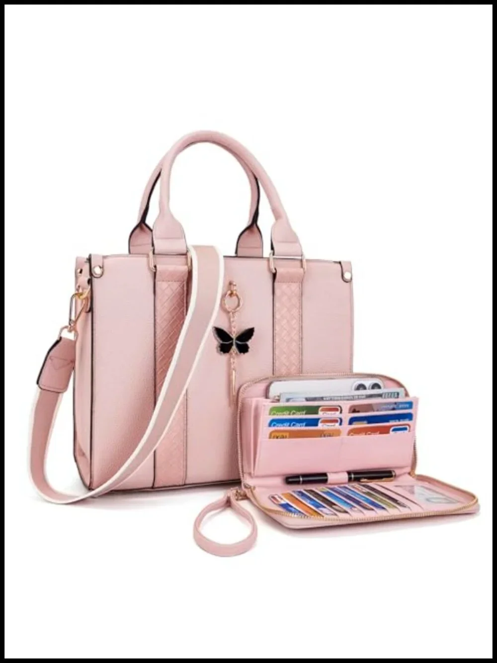 Tote Bag and Wallet Set PU Leather Satchel 2pcs Adjustable Straps